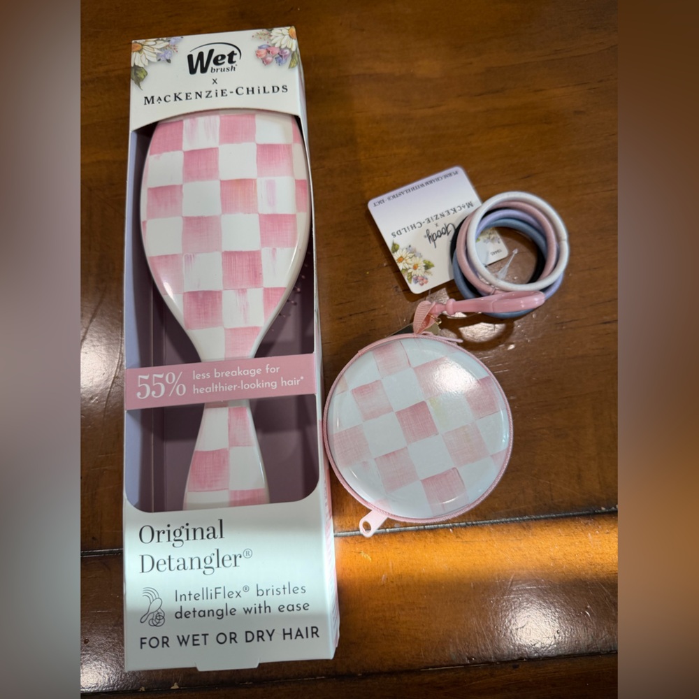 MacKenzie-Childs Pink and White Checkered Detangler Brush Set